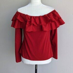 Red off the shoulder ruffle trim long sleeve blouse